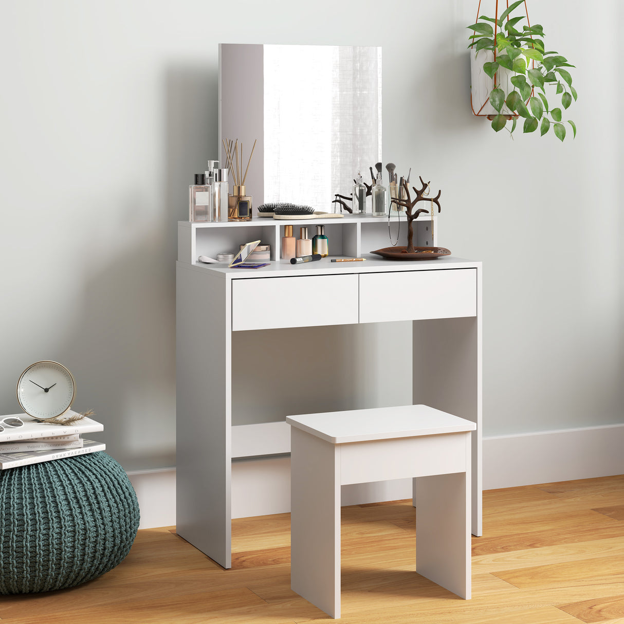easycomfort easycomfort tavolo da trucco con specchio 3 ripiani 2 cassetti e sgabello in legno 75x38x135 cm bianco