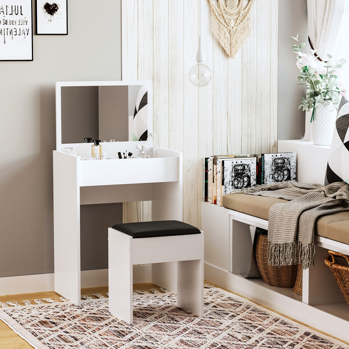 easycomfort easycomfort tavolo da trucco con specchio richiudibile tavolo da trucco moderno con sgabello vano contenitore 10 scomparti mdf bianco 60 2 x 40 2 x 79cm ean 8054144132143