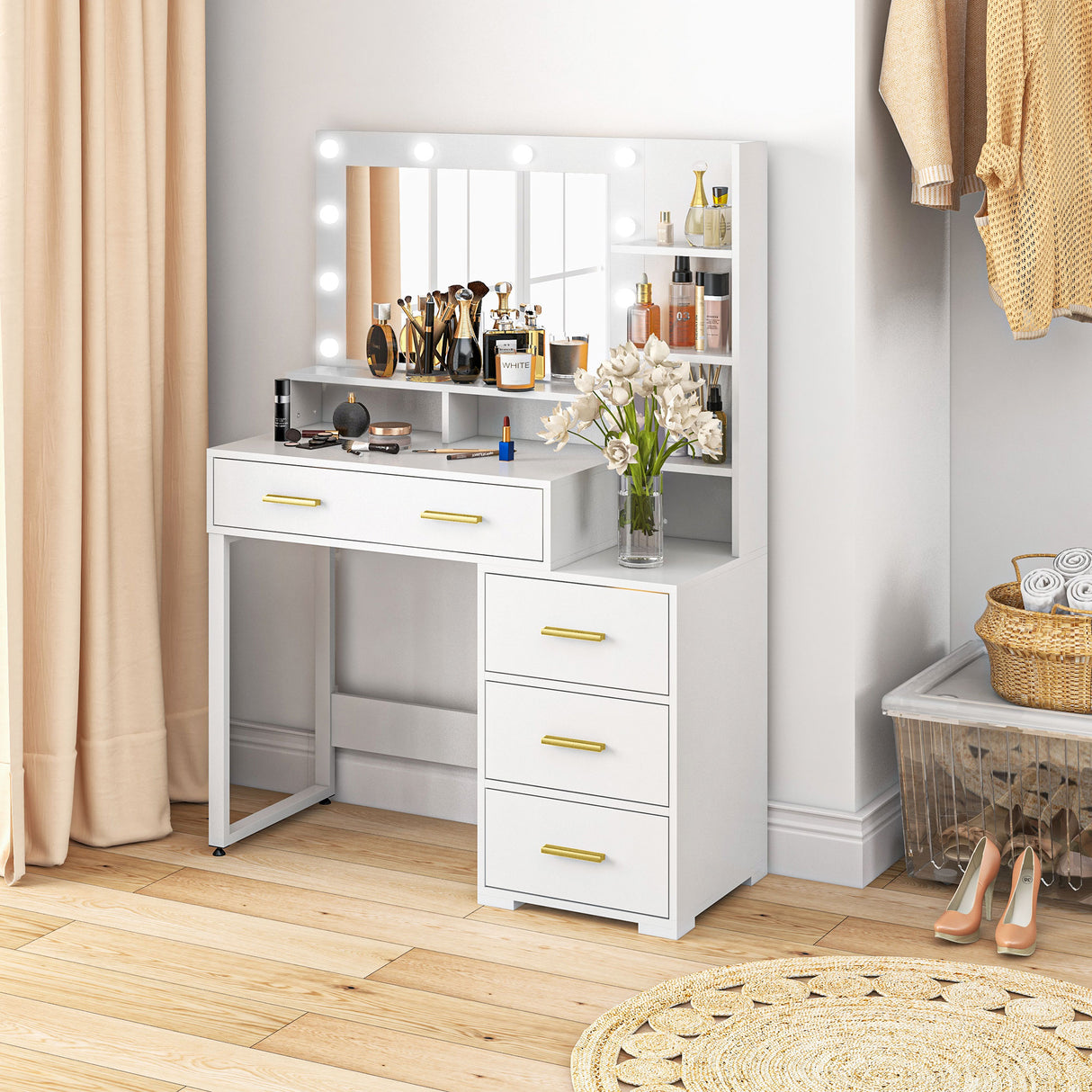 easycomfort easycomfort tavolo da trucco in legno con 4 cassetti 6 ripiani aperti e specchio 100x40x138 cm bianco