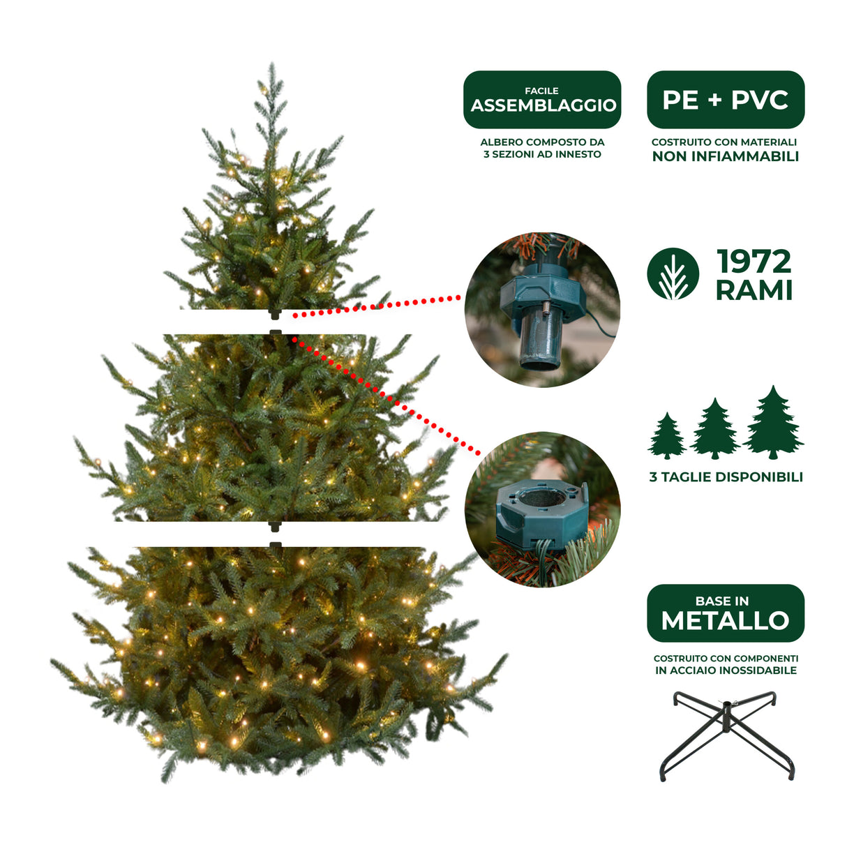 le stelle albero di natale artificiale verde h 180cm x l 145cm super folto con 400 luci led 20 luci flash incorporate e base a croce in metallo