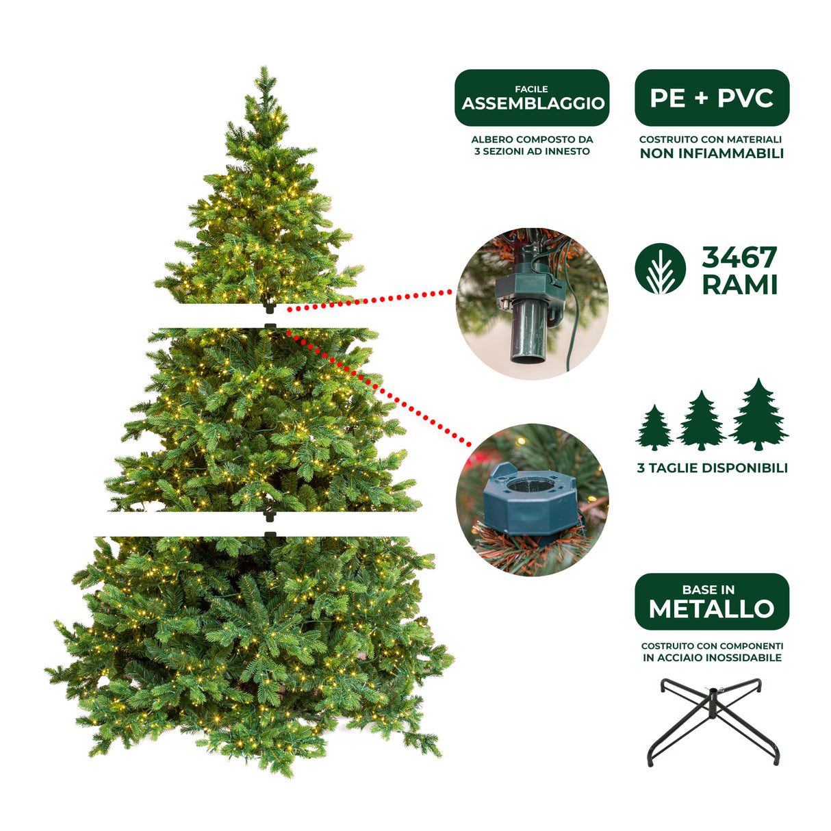 le stelle albero di natale artificiale verde h 210cm x l 135cm super folto con 3000 luci led incorporate e base a croce in metallo
