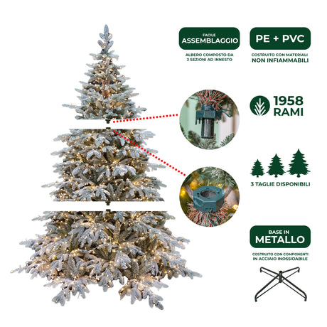 le stelle albero di natale pino verde innevato h 180cm x l 130cm super folto effetto real touch con 2000 luci led incorporate e base croce in ferro pieghevole