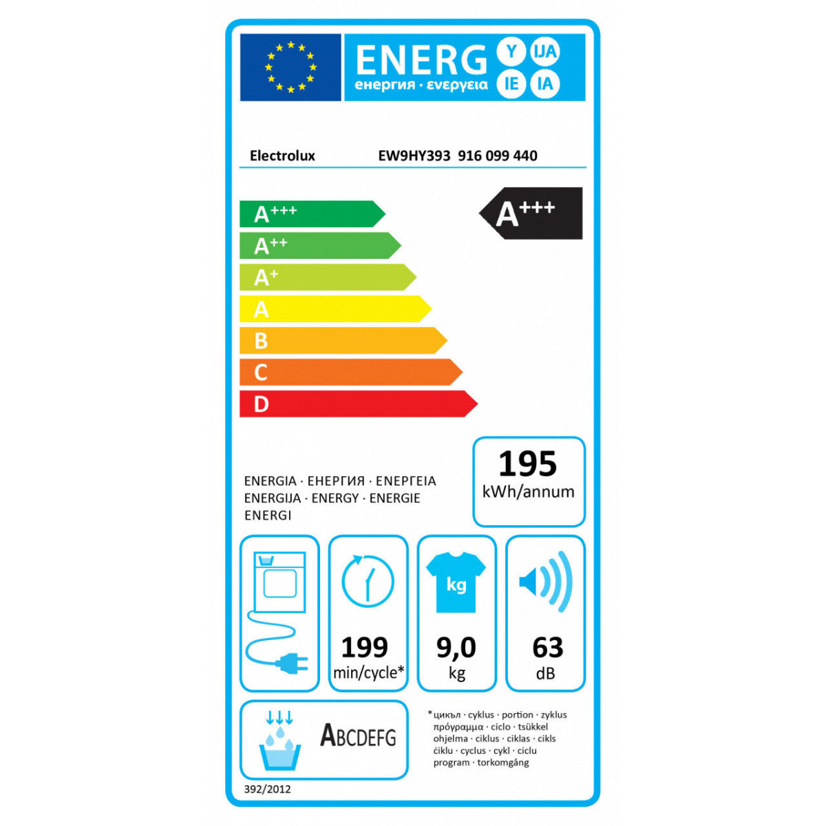 asciugatrice a pompa di calore 9 kg electrolux ew9hy393 serie 900 cyclonecare classe a___