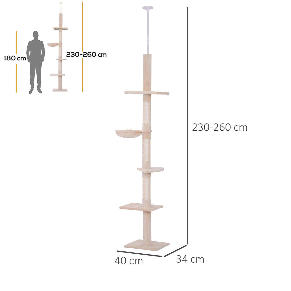 easycomfort easycomfort albero tiragraffi multilivello a soffitto con amaca e altezza regolabile 40x34x230 260cm beige