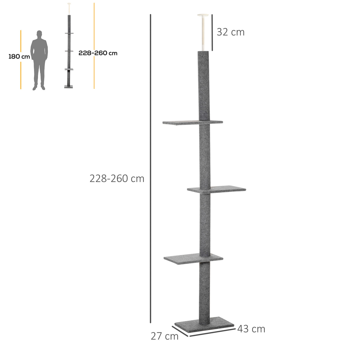 easycomfort easycomfort albero tiragraffi per gatti a 4 livelli con altezza regolabile grigio 43x27x228 260cm