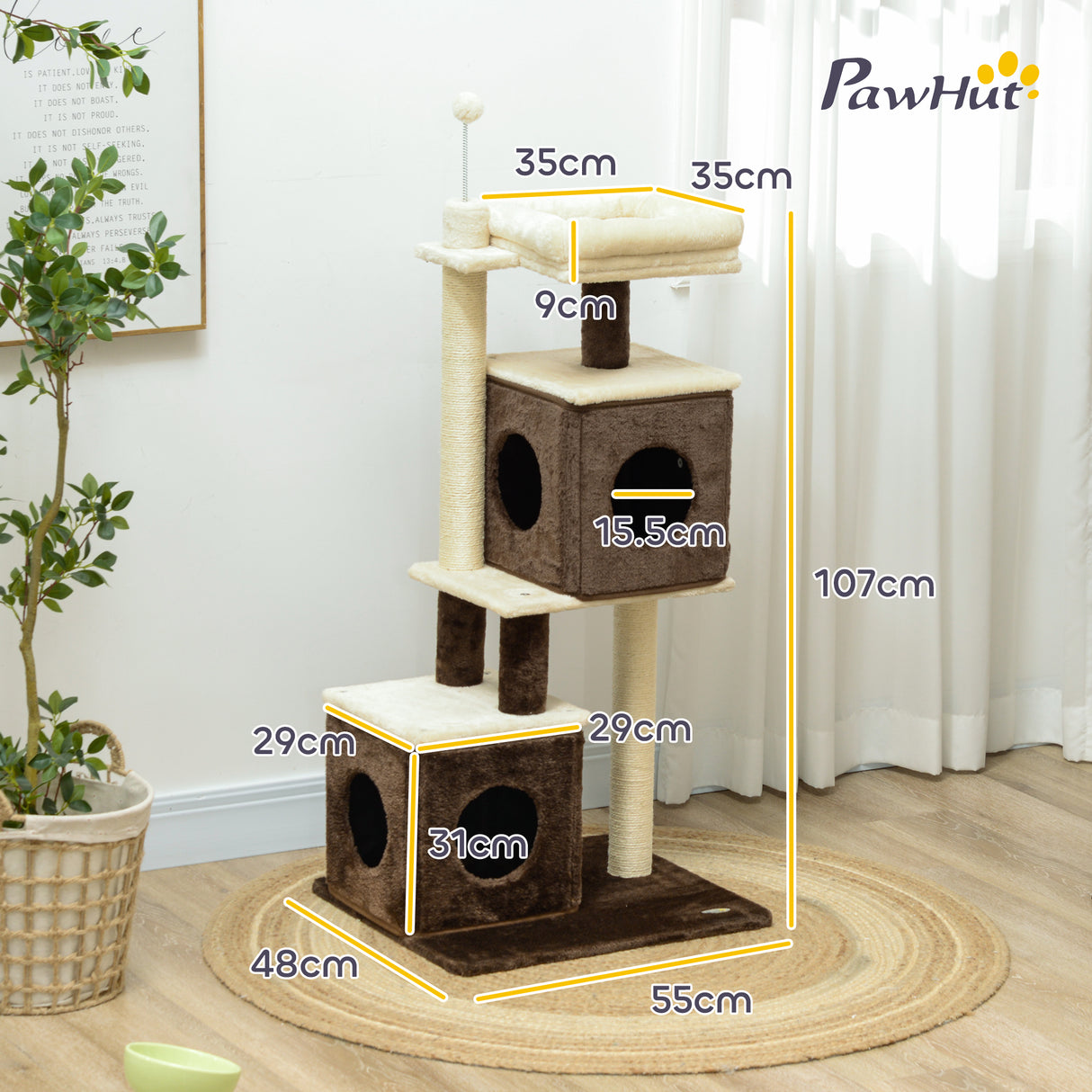easycomfort easycomfort albero tiragraffi per gatti con 2 casette lettino piattaforme di salto e pallina in legno 55x48x107 cm