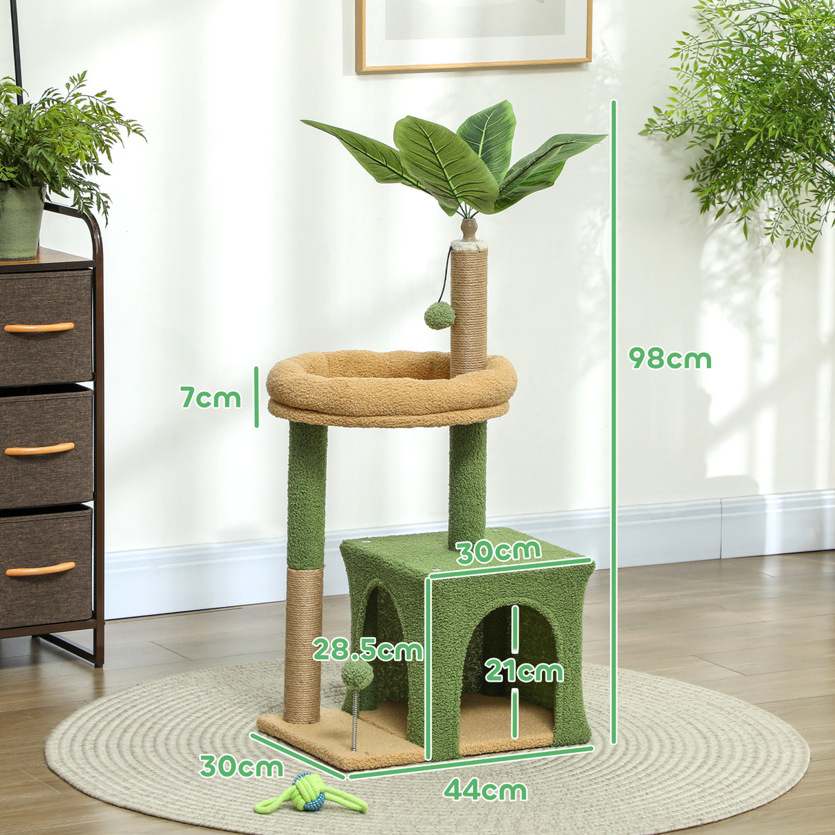 easycomfort easycomfort albero tiragraffi per gatti con casetta lettino e 2 palline in legno e poliestere 44x30x98 cm verde e marrone