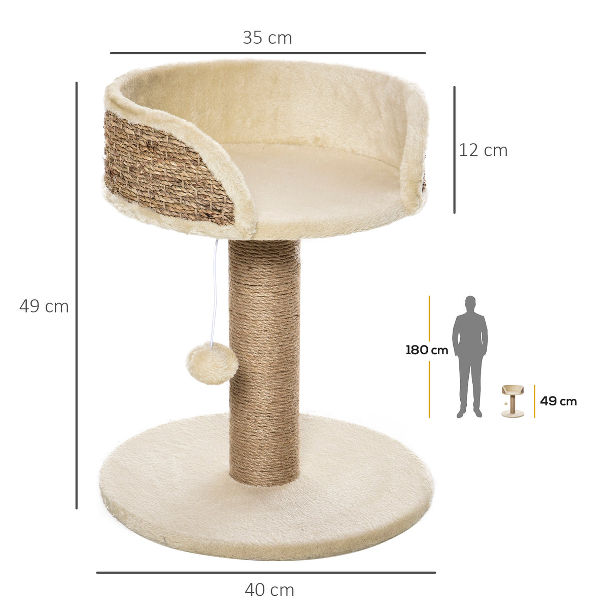 easycomfort easycomfort albero tiragraffi per gatti con lettino palo in juta e pallina appesa 40x40x49cm beige