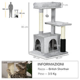 easycomfort easycomfort albero tiragraffi per gatti multilivello con lettino e casetta rivestimento in peluche grigio