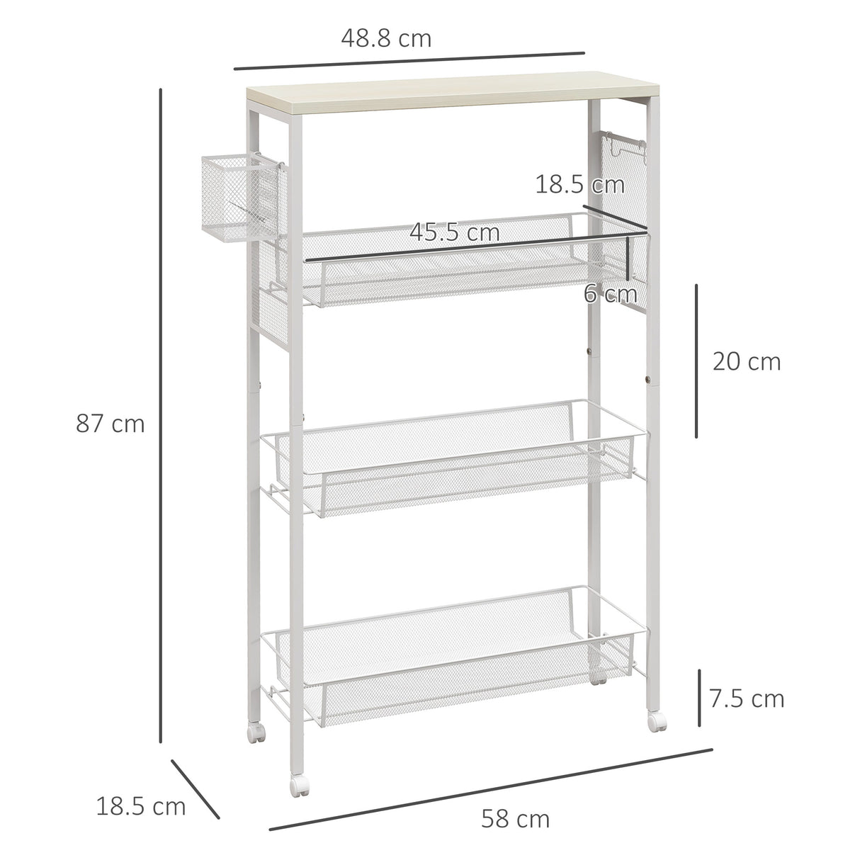 easycomfort easycomfort carrello da cucina a 3 livelli con cestino laterale e gancio in truciolato e acciaio 58x18 5x87 cm