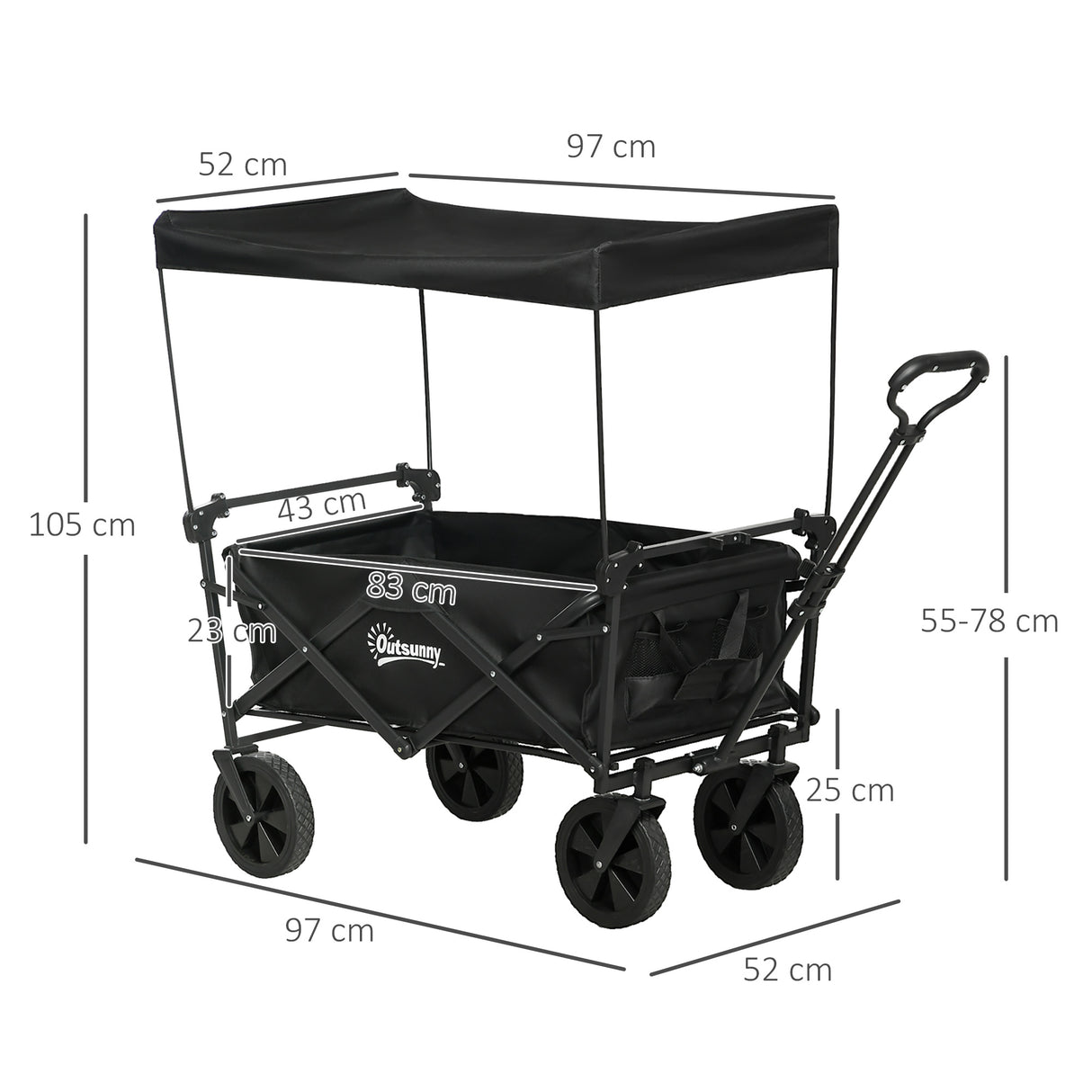 easycomfort easycomfort carrello da giardino 110l con maniglia telescopica e tettuccio in acciaio e tessuto oxford nero