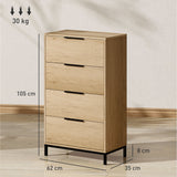 easycomfort easycomfort cassettiera 4 cassetti antiribaltamento con maniglie nere in legno e metallo 62x35x105 cm marrone chiaro