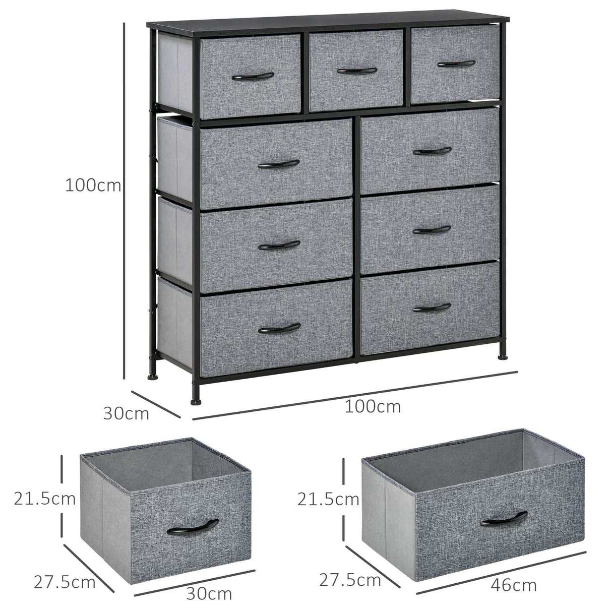 easycomfort easycomfort cassettiera con 9 cassetti in tessuto pieghevoli e struttura in acciaio e legno 100x30x100cm nero e grigio