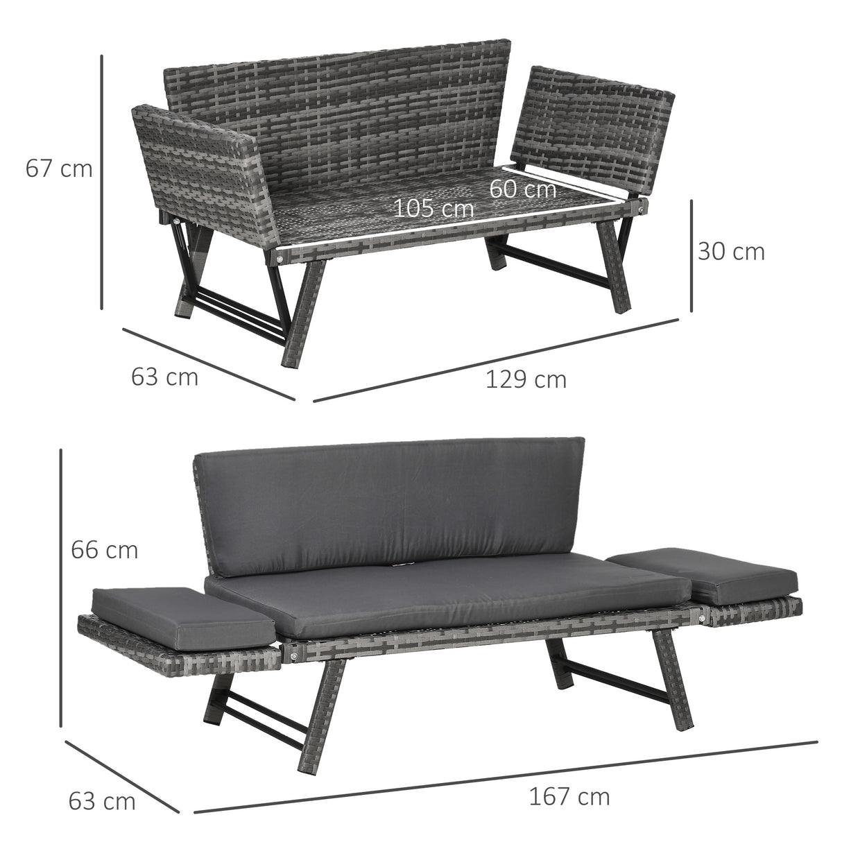 easycomfort easycomfort divano da giardino 2 posti in rattan con imbottitura e braccioli ribaltabili 129x63x67cm grigio