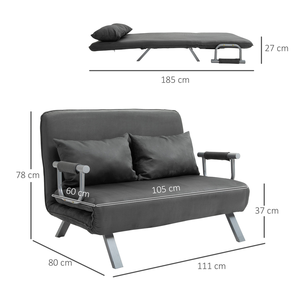 easycomfort easycomfort divano letto 2 posti in similpelle e acciaio con seduta regolabile in 5 posizioni 105x80x78 cm grigio