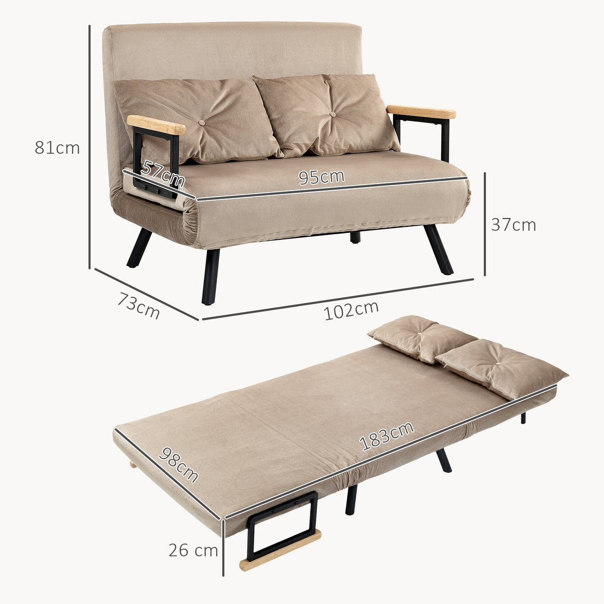 easycomfort easycomfort divano letto 3 in 1 in tessuto effetto velluto con schienale regolabile e 2 cuscini 102x73x81 cm marrone chiaro