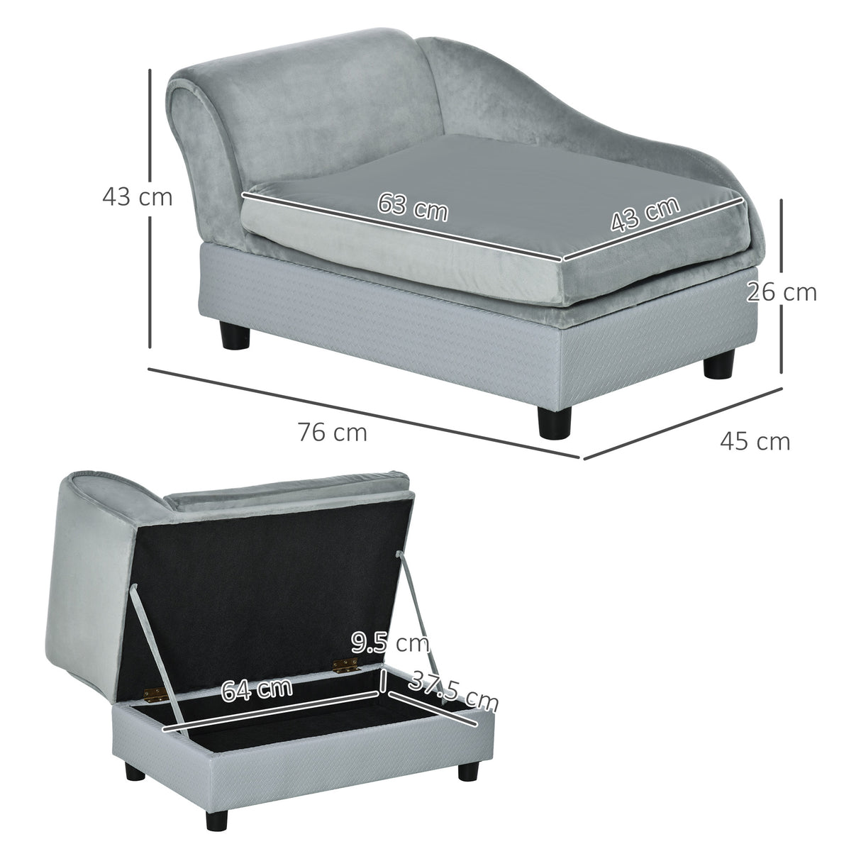 easycomfort easycomfort divano per cani con spazio portaoggetti e cuscino in legno e poliestere 76x45x43 cm grigio chiaro