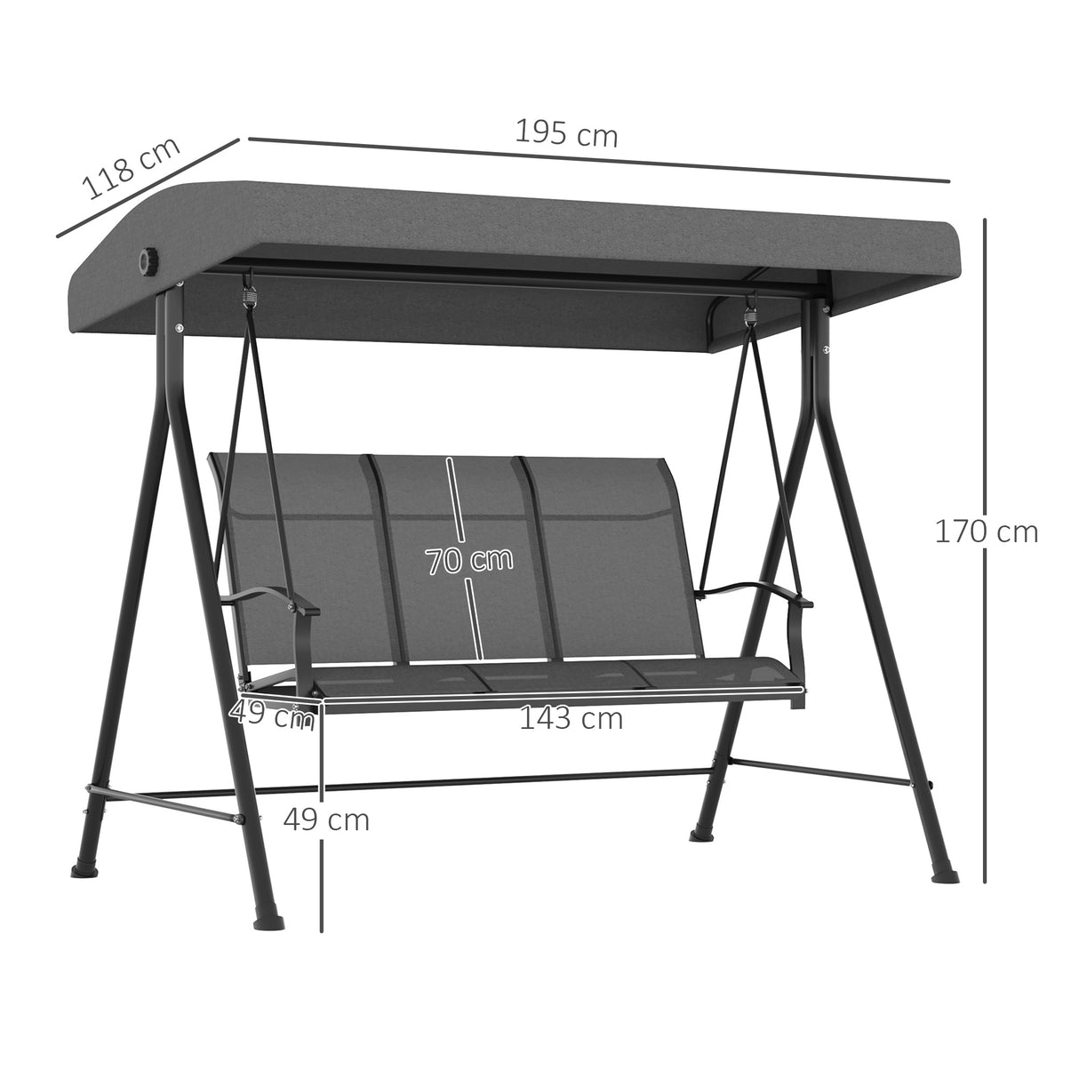 easycomfort easycomfort dondolo da giardino 3 posti con tettuccio parasole regolabile 195x118x170 cm grigio scuro