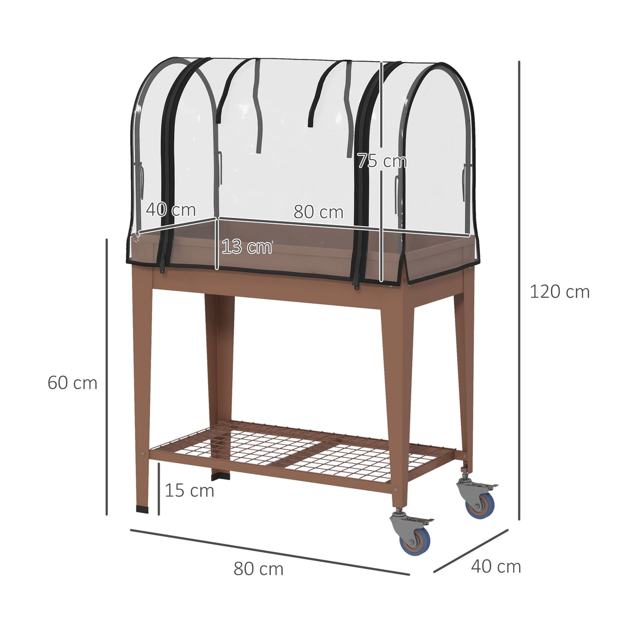 easycomfort easycomfort fioriera rialzata con mini serra per piante ruote e ripiano 80x40x120cm marrone