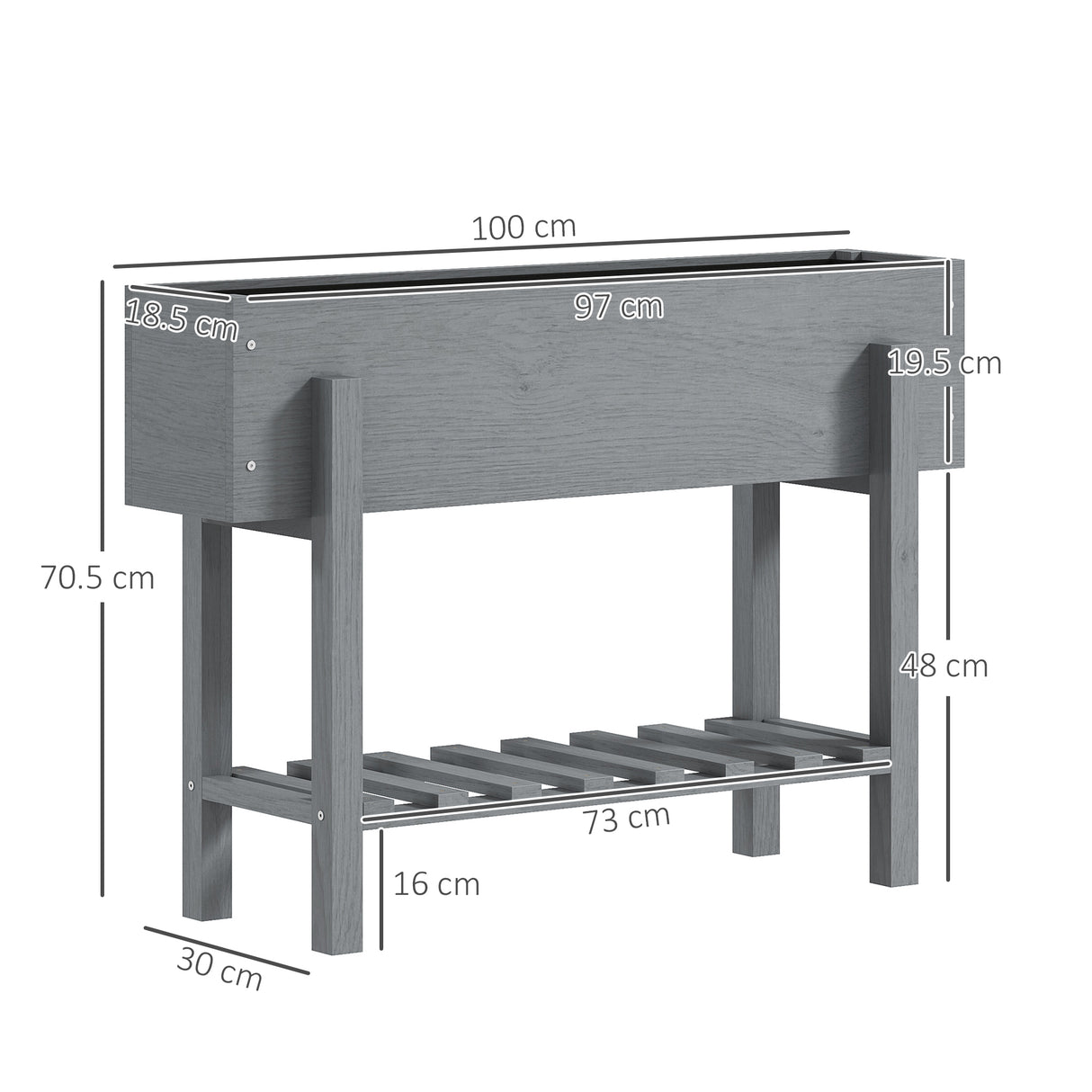 easycomfort easycomfort fioriera rialzata con ripiano inferiore e 2 fori di drenaggio in legno di abete 100x30x70 5 cm grigio