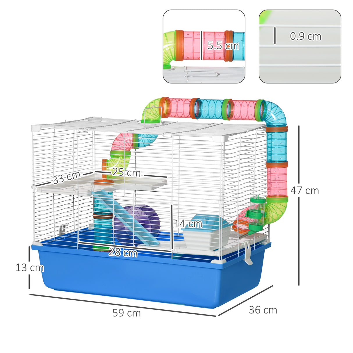 easycomfort easycomfort gabbia per criceti a 3 livelli con tunnel casetta e ruota per criceti 59x36x47cm blu e bianco