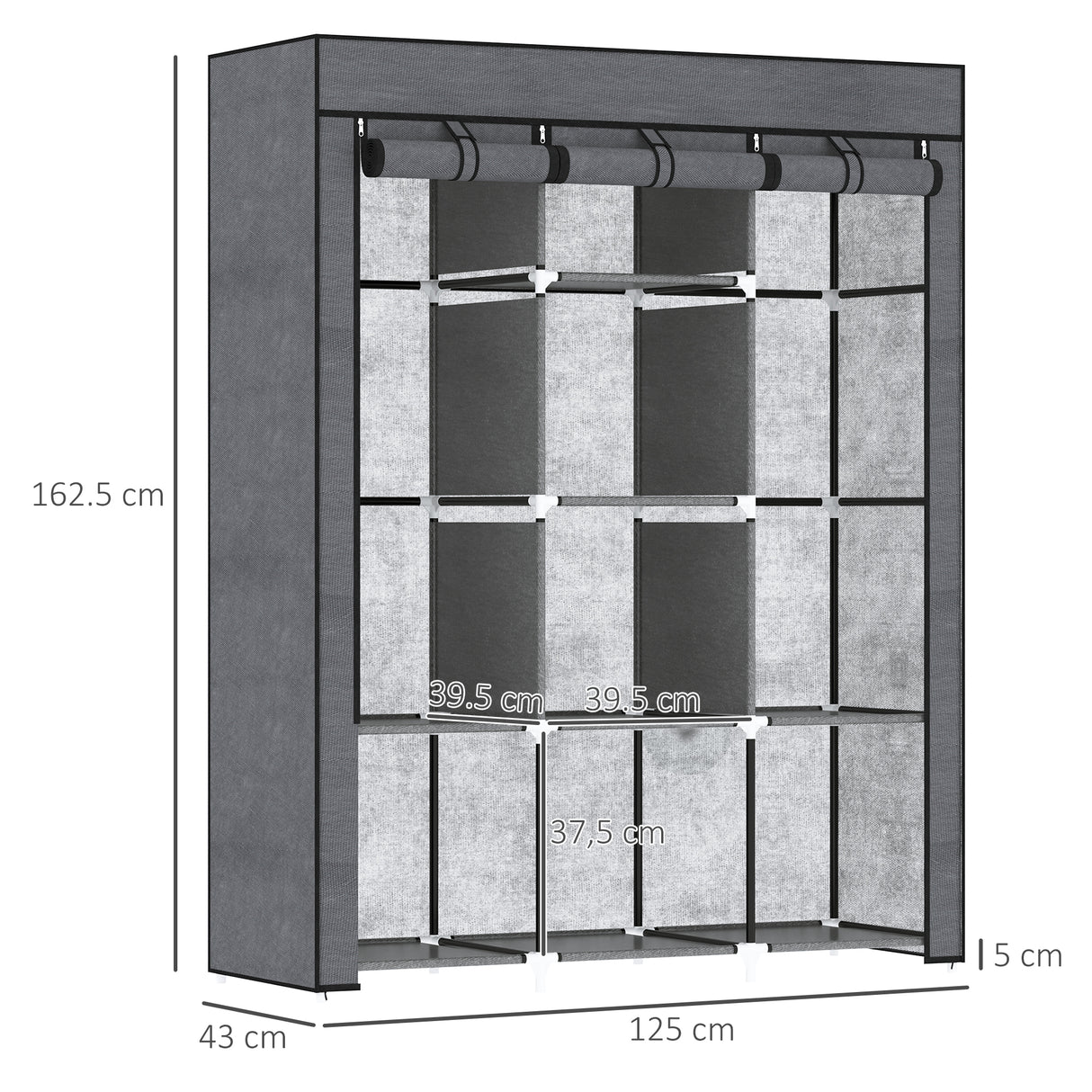 easycomfort easycomfort guardaroba in tessuto non tessuto e acciaio con 8 ripiani e 2 barre 125x43x162 5 cm grigio carbone