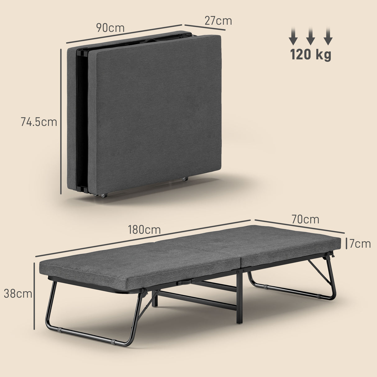easycomfort easycomfort letto pieghevole su 5 livelli con materasso e 4 rotelle in metallo e tessuto effetto lino 180x70x38 cm grigio
