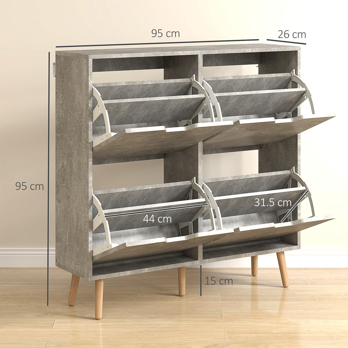 easycomfort easycomfort mobile scarpiera con 4 cassetti ribaltabili a 2 livelli per 16 paia in legno 95x26x95 cm grigio