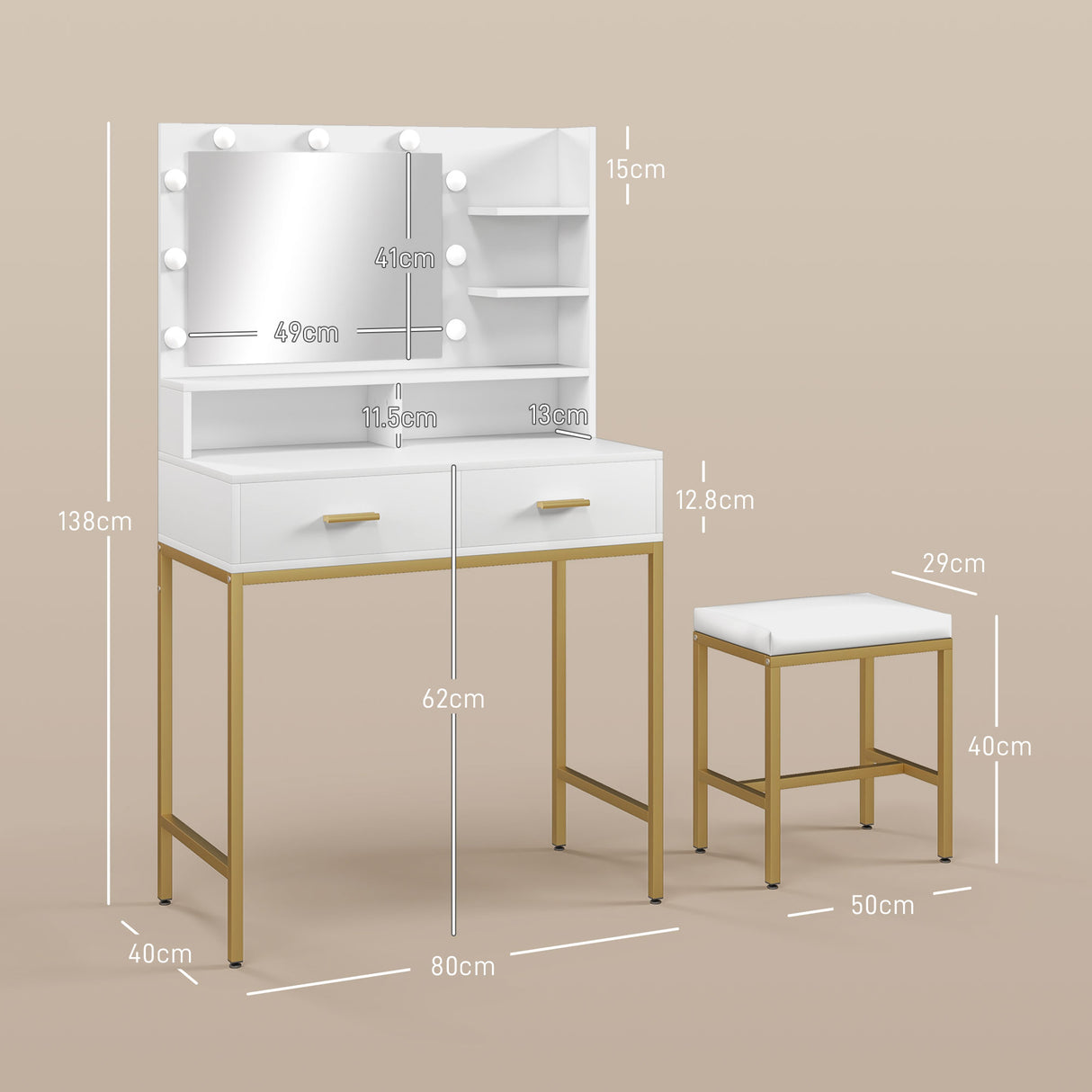 easycomfort easycomfort mobile toeletta con specchio 2 cassetti 5 ripiani e sgabello in mdf e truciolato 80x40x138 cm bianco
