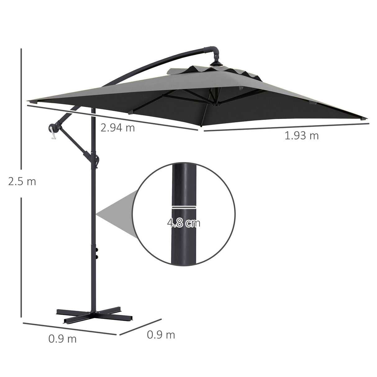 easycomfort easycomfort ombrellone da giardino decentrato con base a croce e apertura a manovella 294x193cm grigio