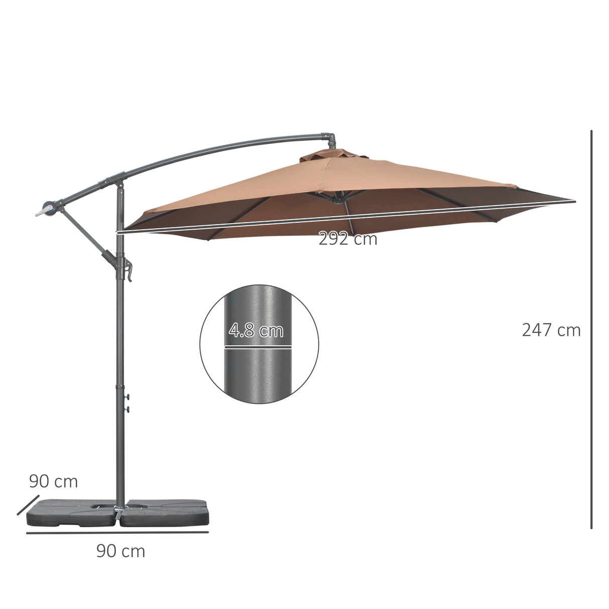 easycomfort easycomfort ombrellone decentrato a 6 stecche con manovella e base a croce in metallo e poliestere 292x247 cm caffe