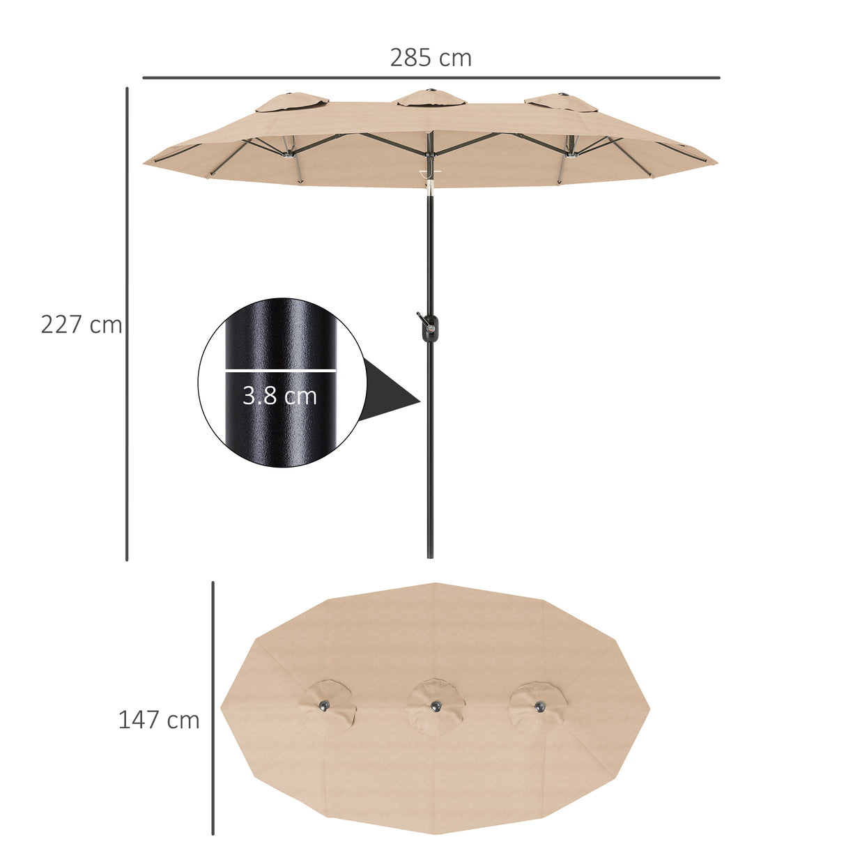 easycomfort easycomfort ombrellone doppio inclinabile a 45 con manovella e prese daria in acciaio e poliestere 285x147x227 cm caffe