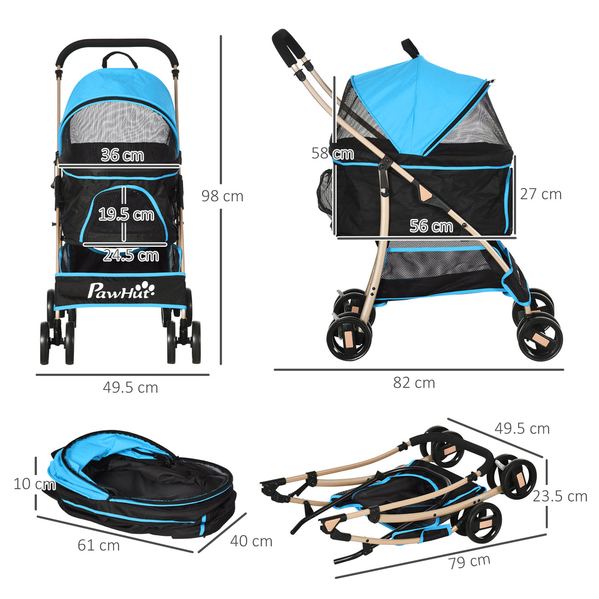 easycomfort easycomfort passeggino per cani convertibile con 2 guinzagli e cuscino in acciaio e poliestere 82x49 5x98 cm azzurro e nero