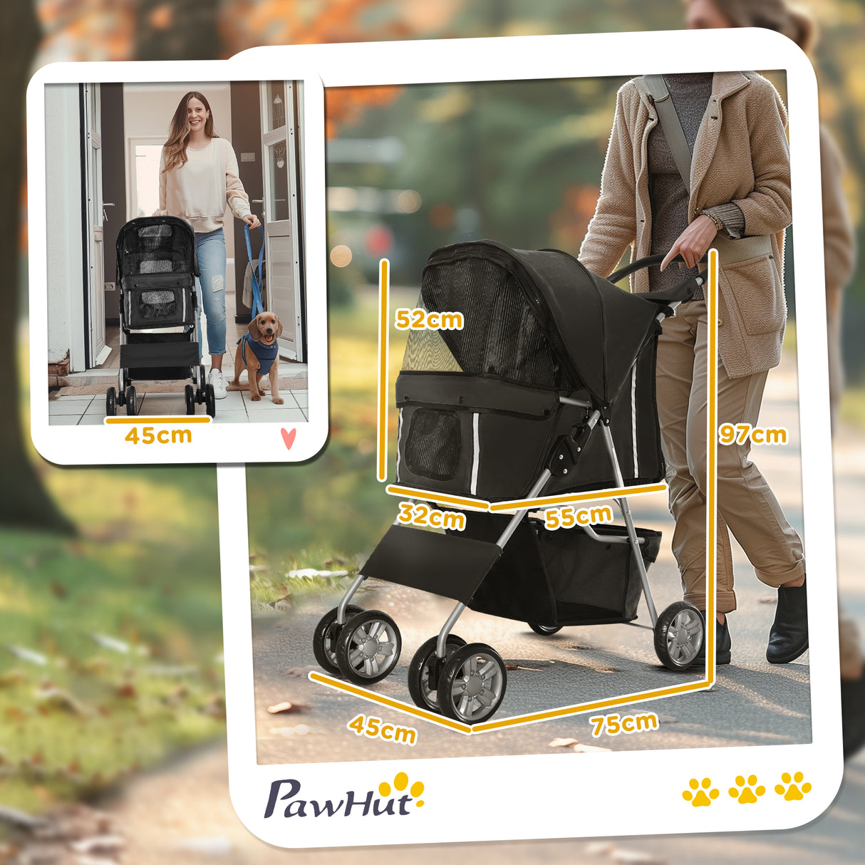 easycomfort easycomfort passeggino per cani pieghevole con cestino e portabicchiere peso max 10 kg 75x45x97cm nero