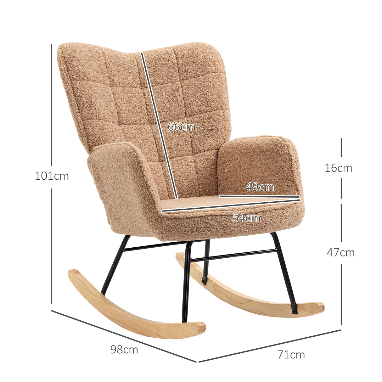 easycomfort easycomfort poltrona a dondolo imbottita in legno e acciaio con rivestimento boucle 71x98x101 cm marrone