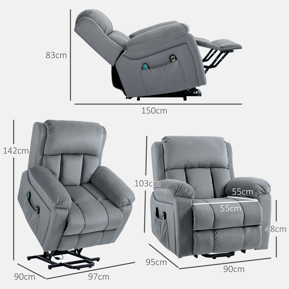 easycomfort easycomfort poltrona alzapersona a 8 punti massaggianti e tasca portaoggetti in finta pelle e acciaio 90x95x103 cm grigia