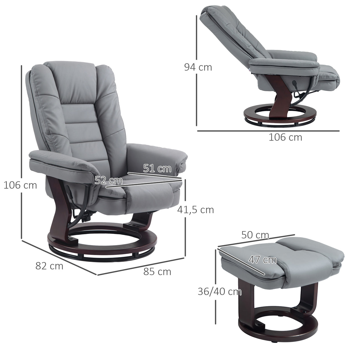 easycomfort easycomfort poltrona con poggiapiedi reclinabile con poggiatesta e braccioli in pelle pu e acciaio 85x82x106 cm grigio