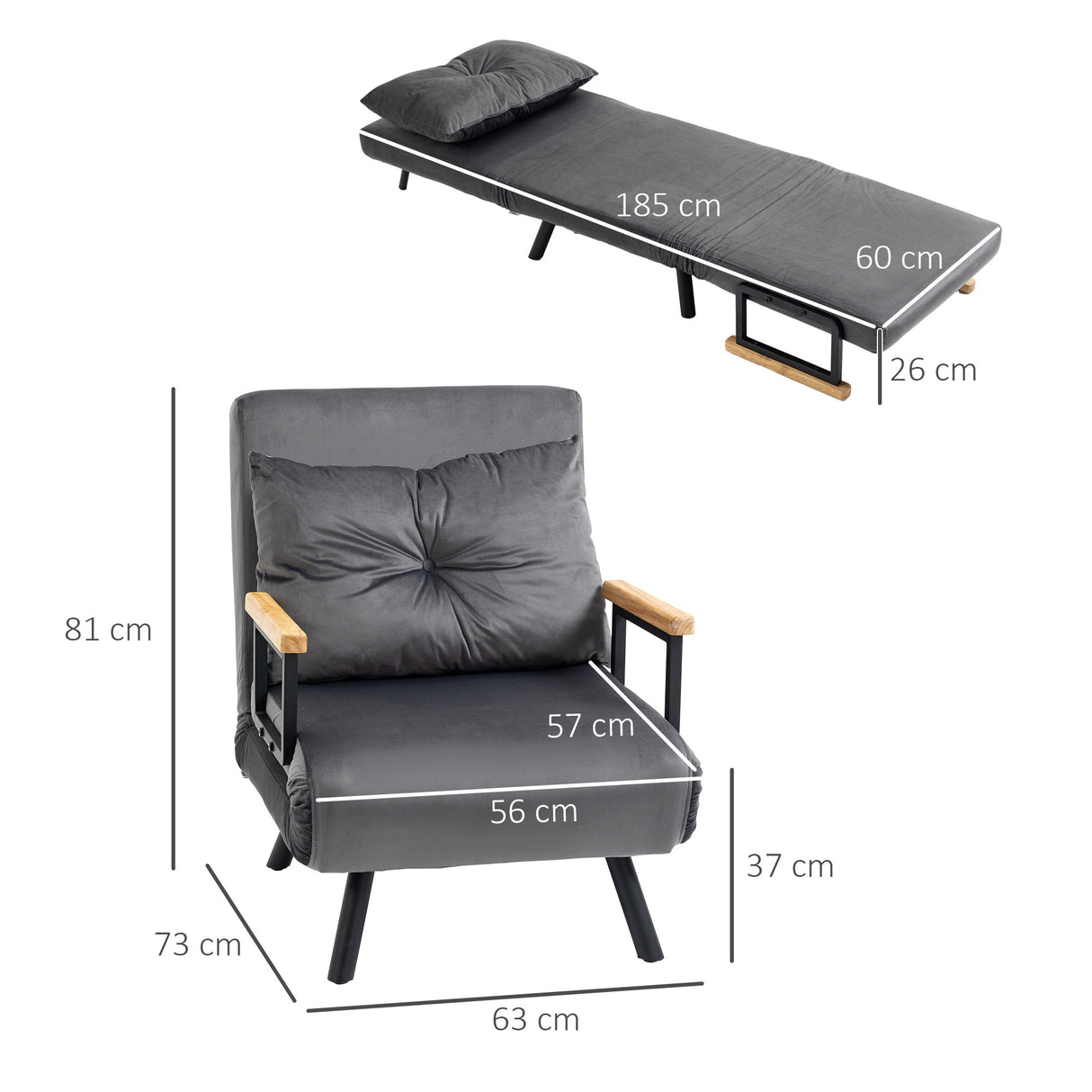 easycomfort easycomfort poltrona letto 3 in 1 con schienale reclinabile in 5 posizioni e cuscino 63x73x81 cm grigio scuro