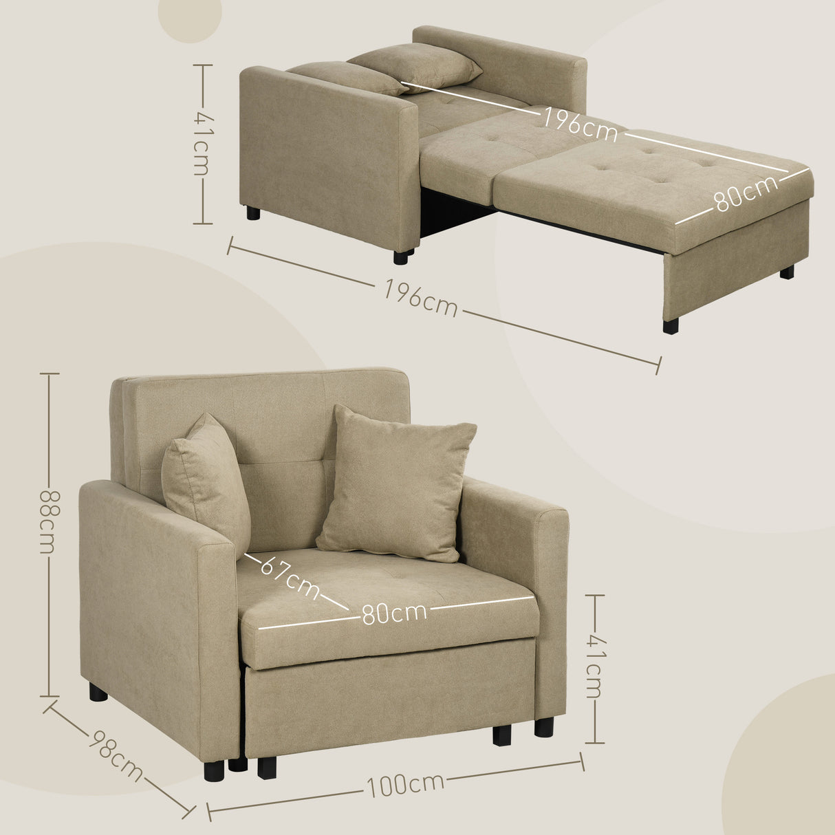 easycomfort easycomfort poltrona letto in tessuto effetto velluto marrone chiaro con 2 cuscini e spazio portaoggetti 100x98x88 cm