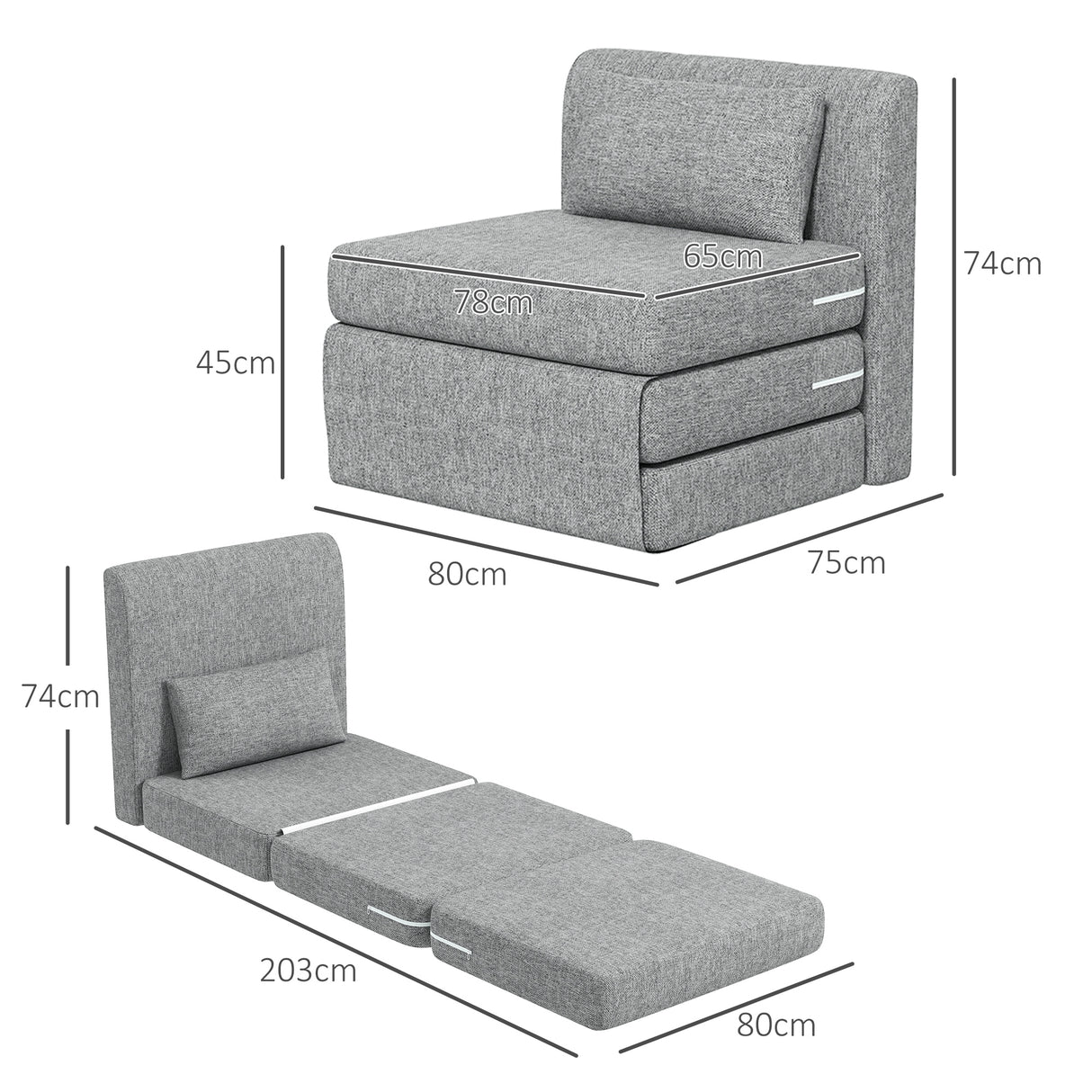 easycomfort easycomfort poltrona letto pieghevole da terra a 3 sezioni salvaspazio in tessuto 80x75x74 cm grigio
