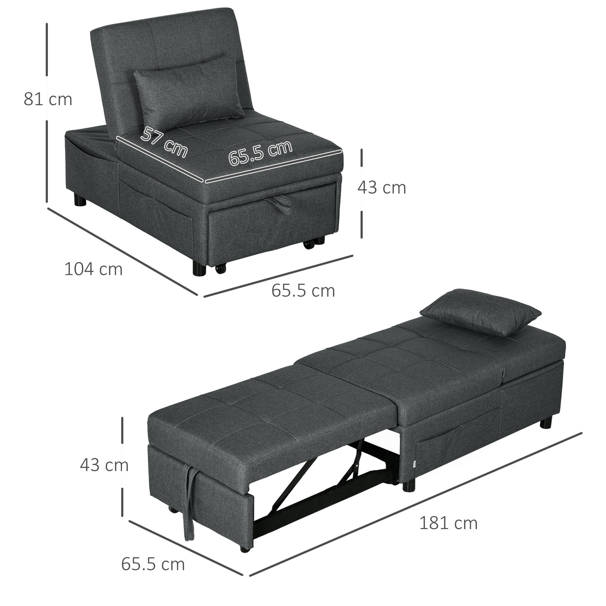 easycomfort easycomfort poltrona letto singolo 3 in 1 reclinabile a 3 livelli con cuscino in tessuto effetto lino 65 5x104x81 cm grigio
