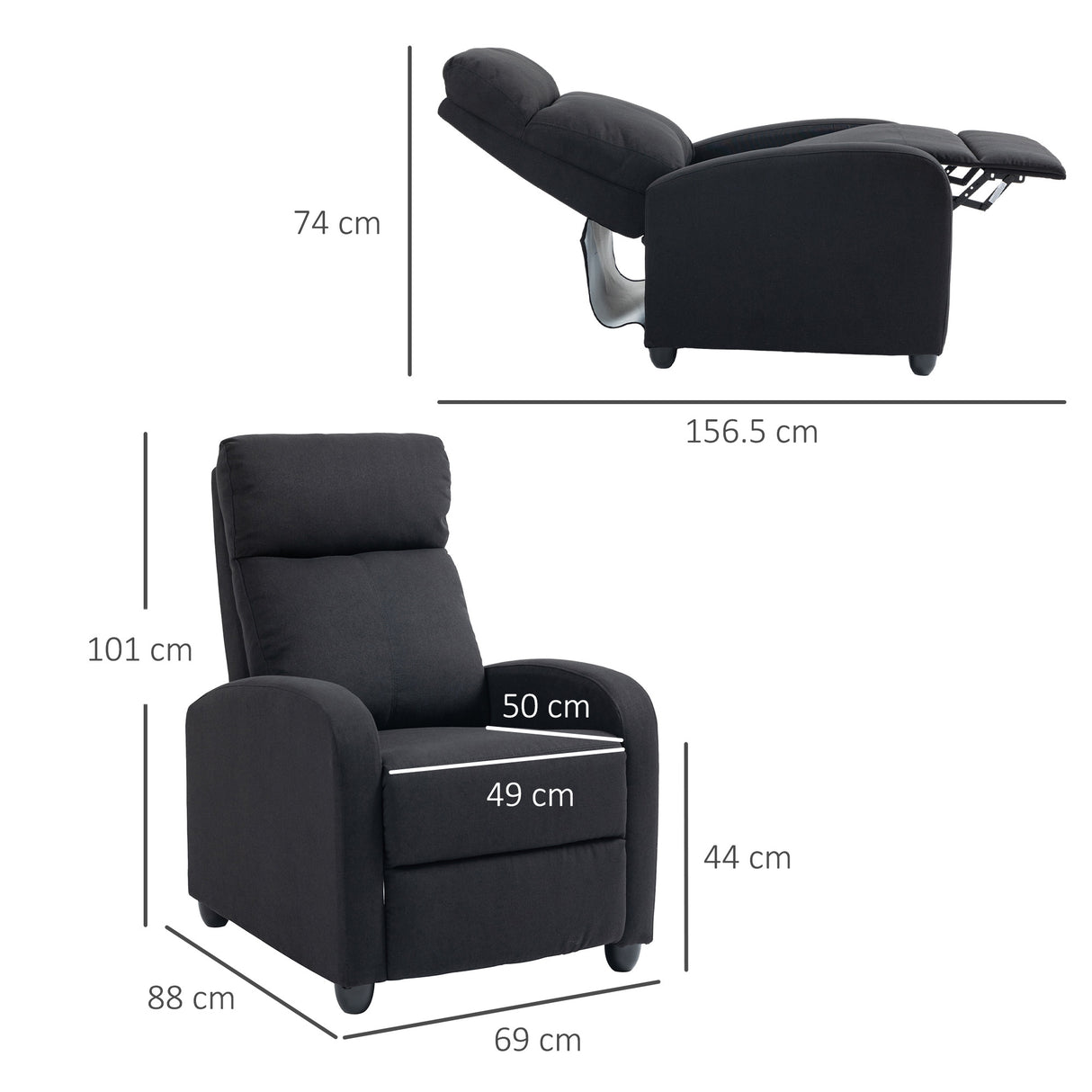 easycomfort easycomfort poltrona reclinabile con poggiapiedi e braccioli in tessuto effetto lino e metallo 69 2x88 3x101 cm nero
