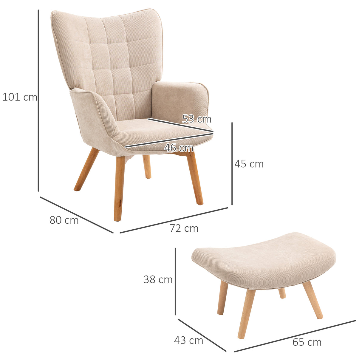 easycomfort easycomfort poltrona relax con pouf poggiapiedi in velluto a costine con schienale alto e braccioli beige