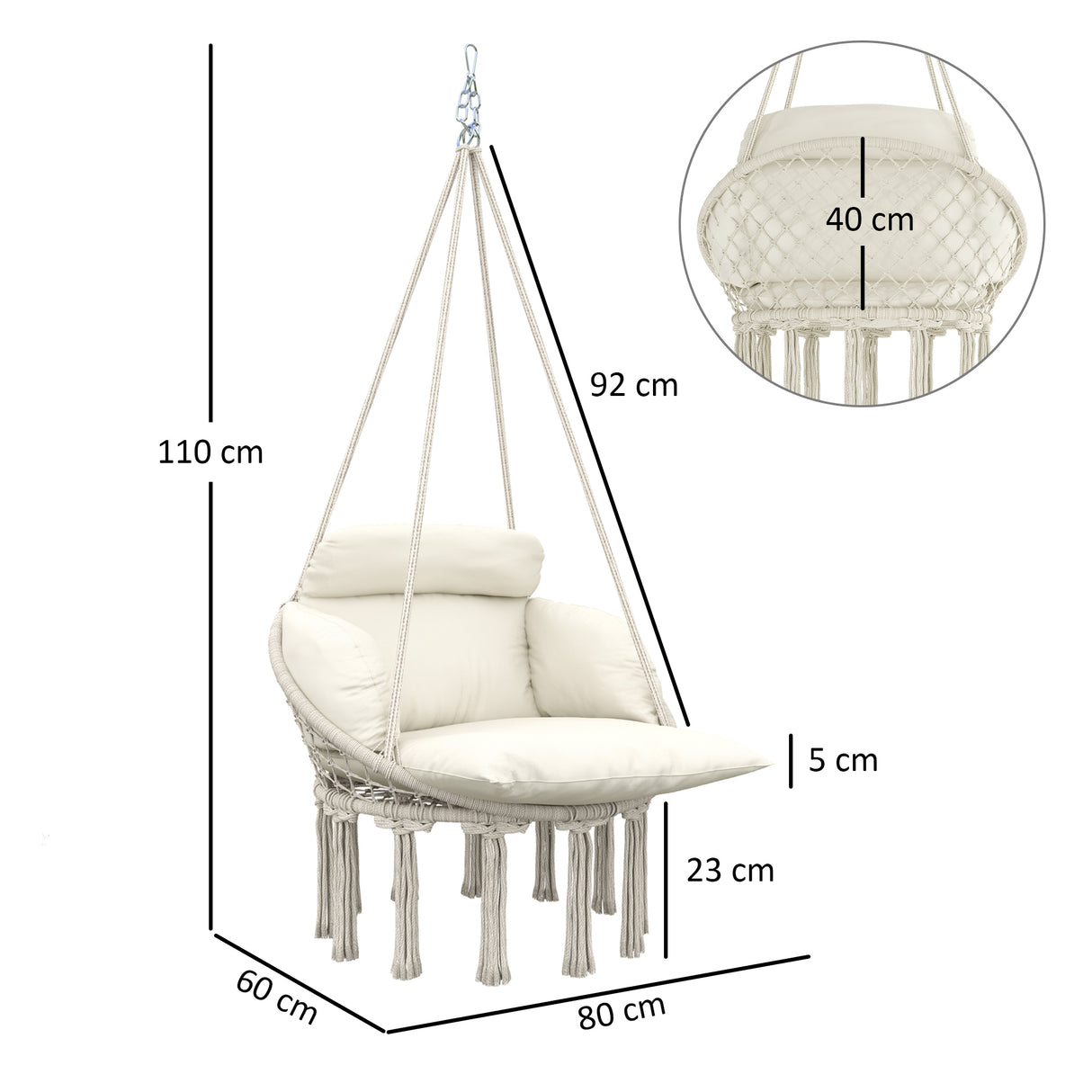 easycomfort easycomfort poltrona sospesa in stile boho con cuscino in acciaio cotone e poliestere 80x60x40 cm bianco crema