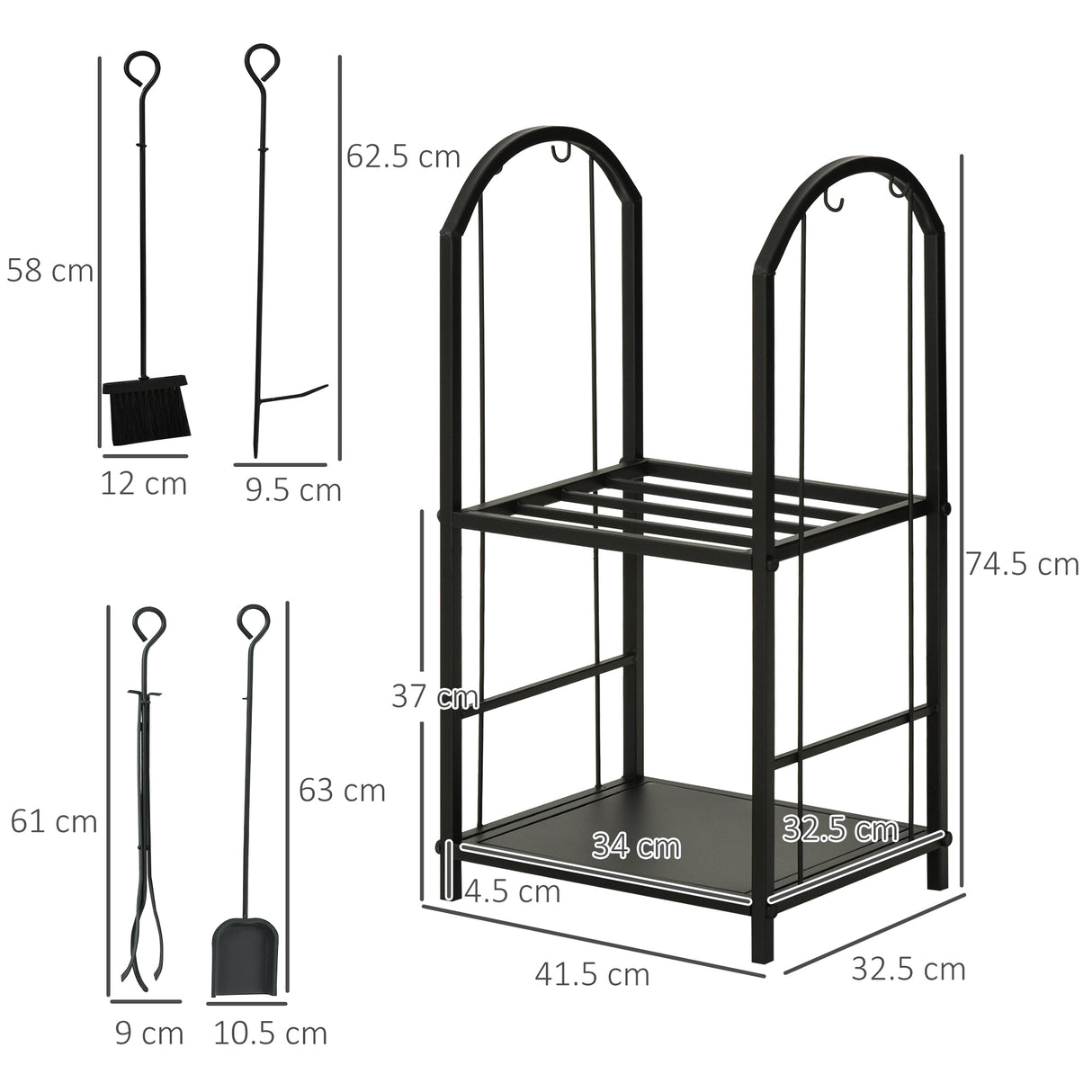 easycomfort easycomfort portalegna a 2 ripiani in metallo con paletta scopa attizzatoio e pinza 41 5x32 5x74 5 cm nero