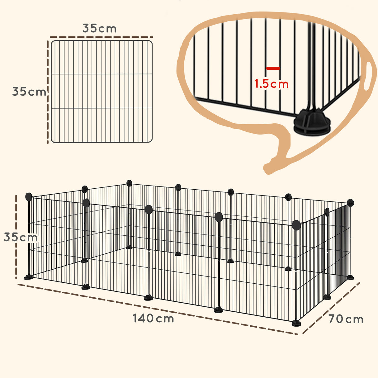 easycomfort easycomfort recinto per animali modulabile con 12 pannelli 35x35 cm e bordi arrotondati in metallo e abs 140x70x35 cm nero
