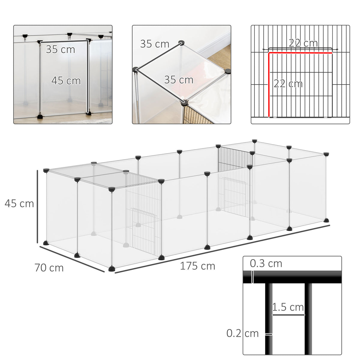 easycomfort easycomfort recinto per animali modulabile con 20 pannelli e 2 porte in acciaio e pp 175x70x45 cm bianco e nero