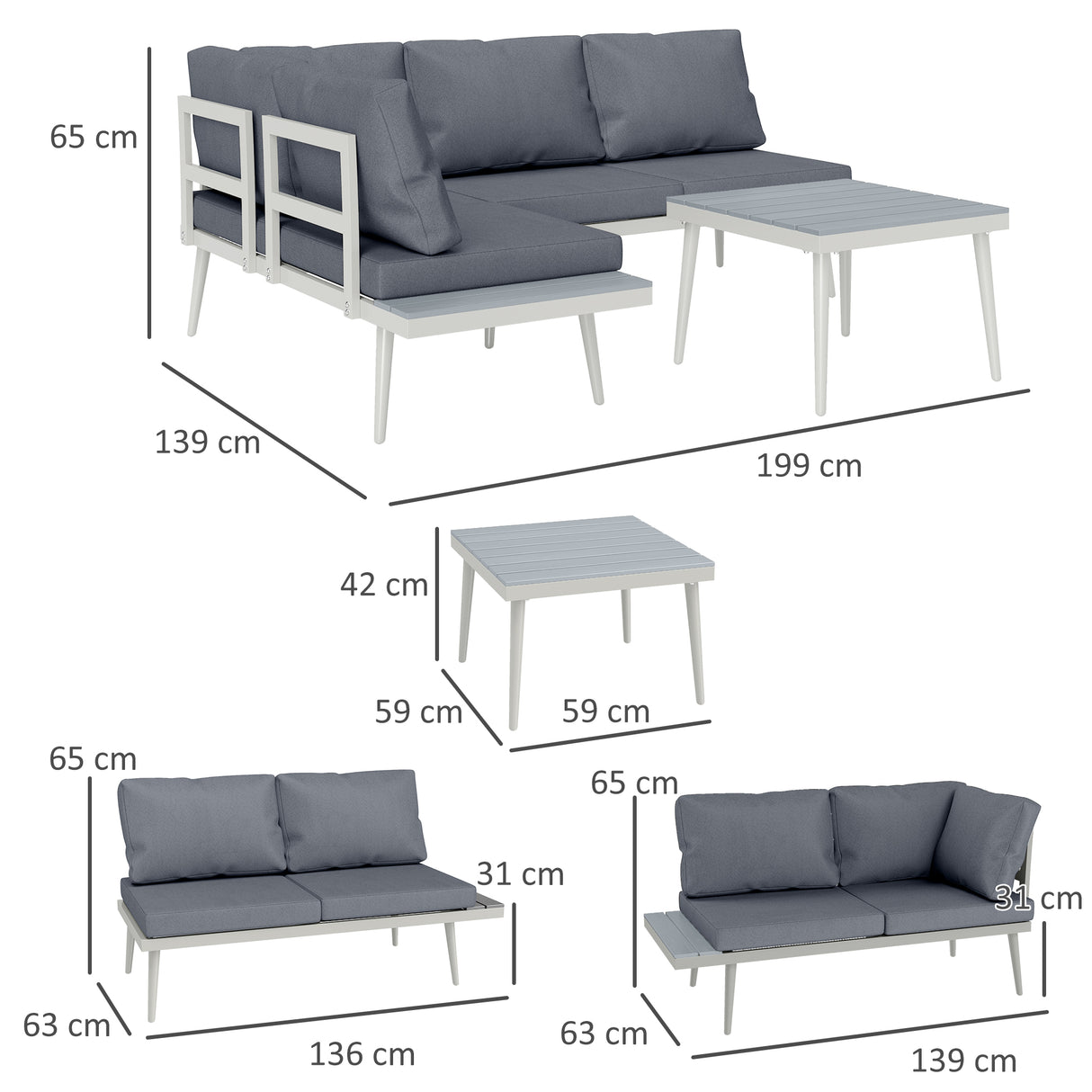 easycomfort easycomfort salotto da giardino con 2 divani con cuscini schienale regolabile a 5 livelli e tavolino a doghe grigio