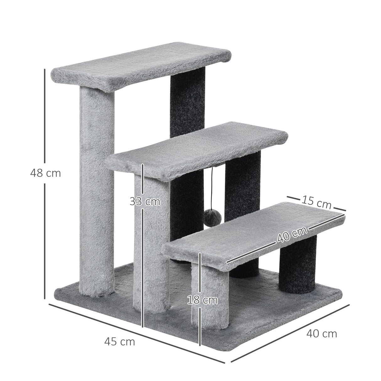 easycomfort easycomfort scaletta per gatti a 3 gradini con rivestimento in flanella e pallina 45x40x48cm grigio