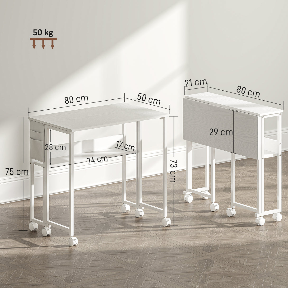 easycomfort easycomfort scrivania pieghevole salvaspazio a ribalta con scaffale tasca portaoggetti e ruote bianco